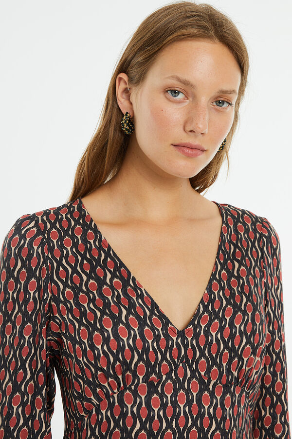 System Action Vestido midi de manga francesa con estampado geom&eacute;trico estampado