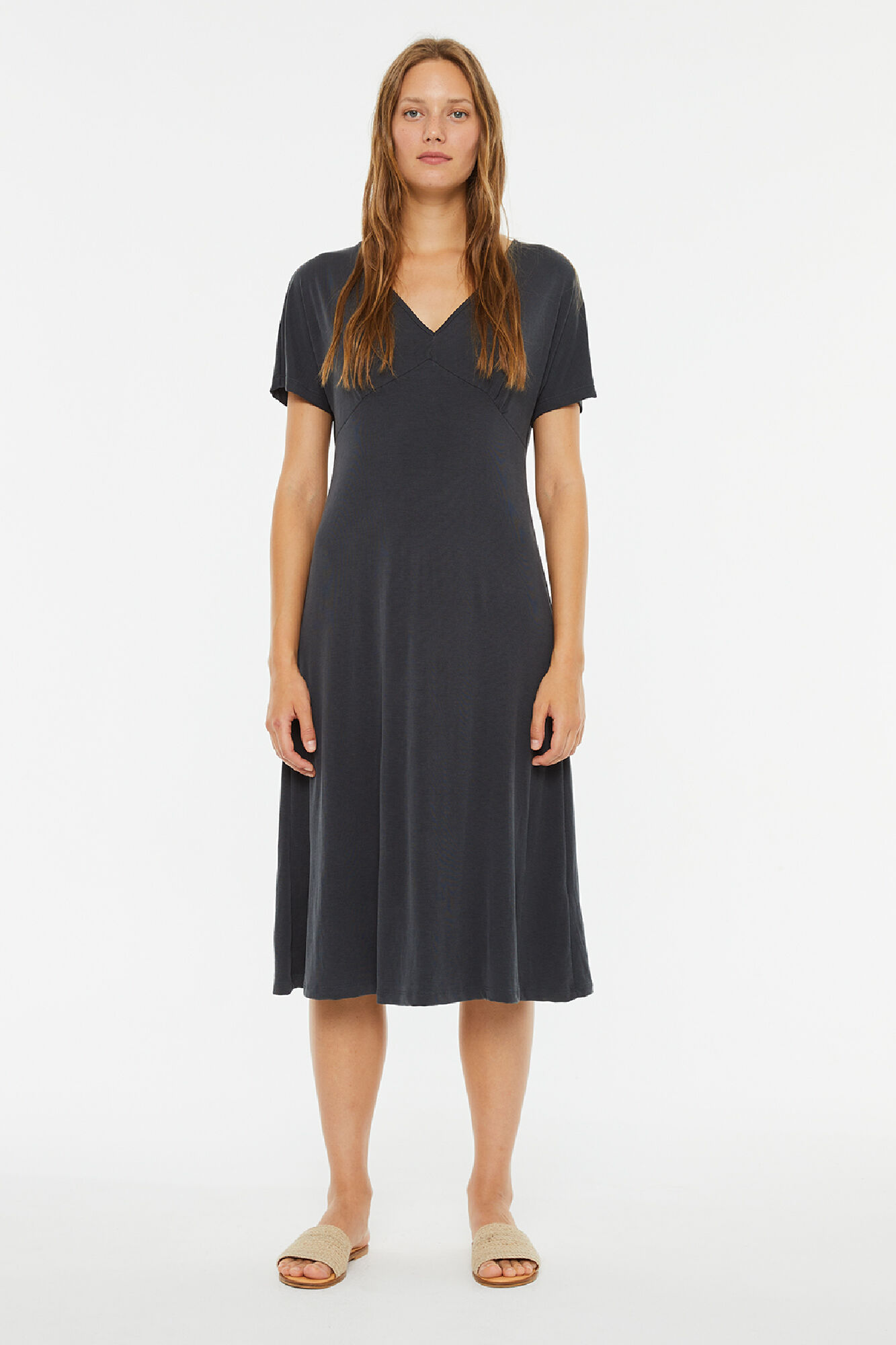 System Action Vestido midi manga corta con frunce en pecho