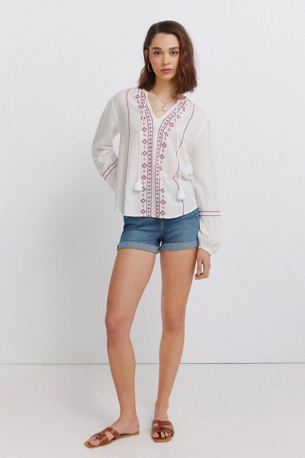 Springfield Blusa manga comprida estampado sanefa branco