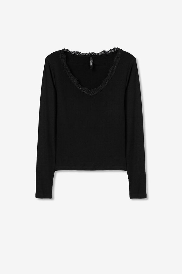 Tiffosi T-shirt canelada com Renda preto