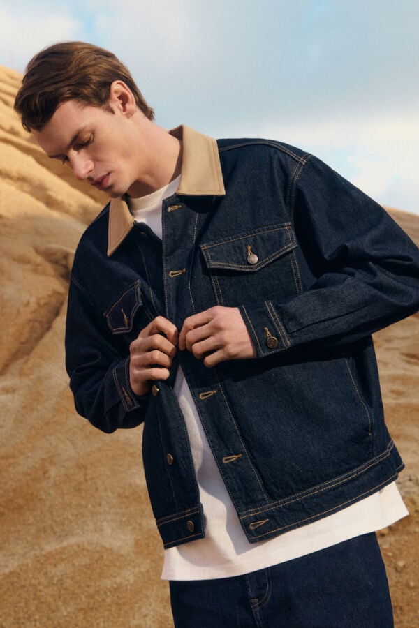 Springfield Jaqueta jeans oversized com gola contrastante azul