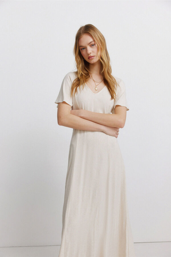 Springfield Vestido midi lino cruzado espalda beige