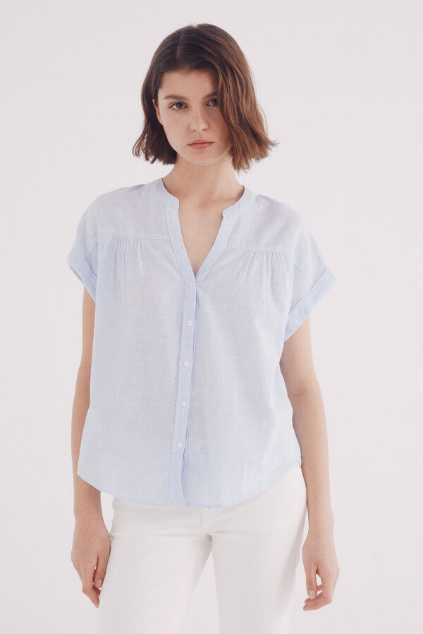 Springfield Blusa de decote linho com decote em V azul