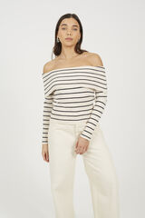 Brave Soul Su&eacute;ter riscas com gola canoa bege