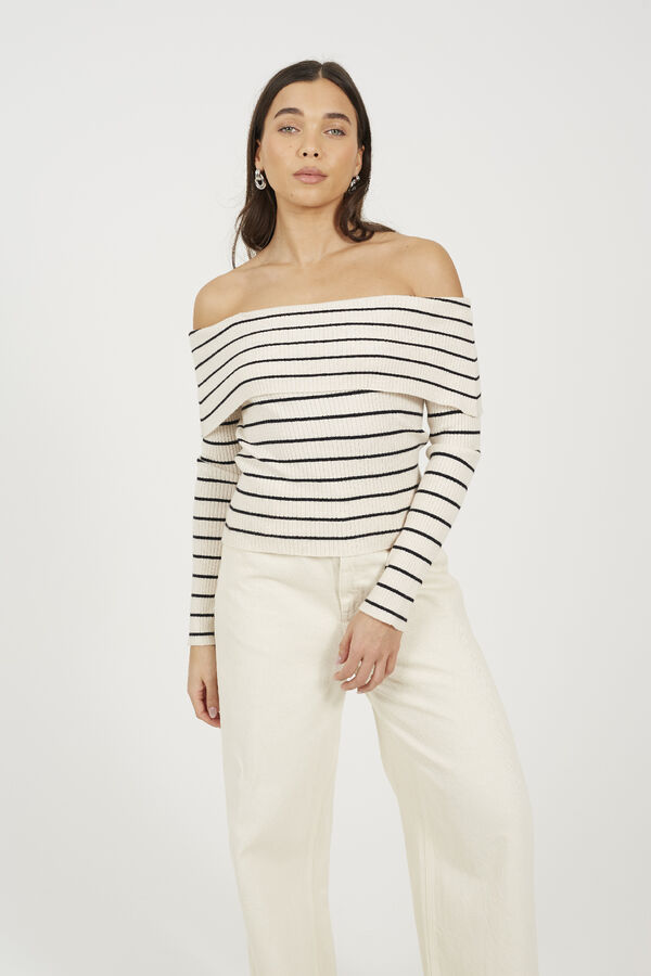 Brave Soul Su&eacute;ter riscas com gola canoa bege