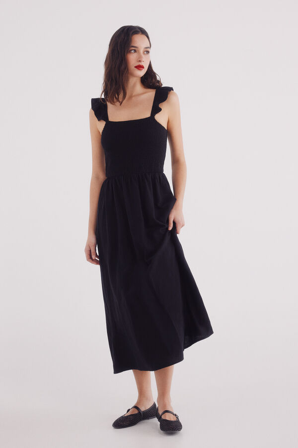Springfield Vestido midi tirantes volante lino negro