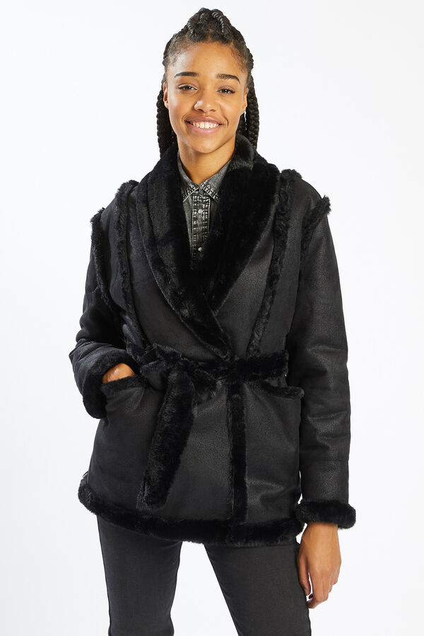 Pimkie Chaqueta de dos tejidos con cintur&oacute;n negro