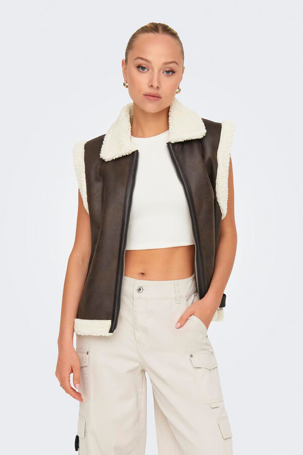 Only Chaleco de polipiel con borrego gris