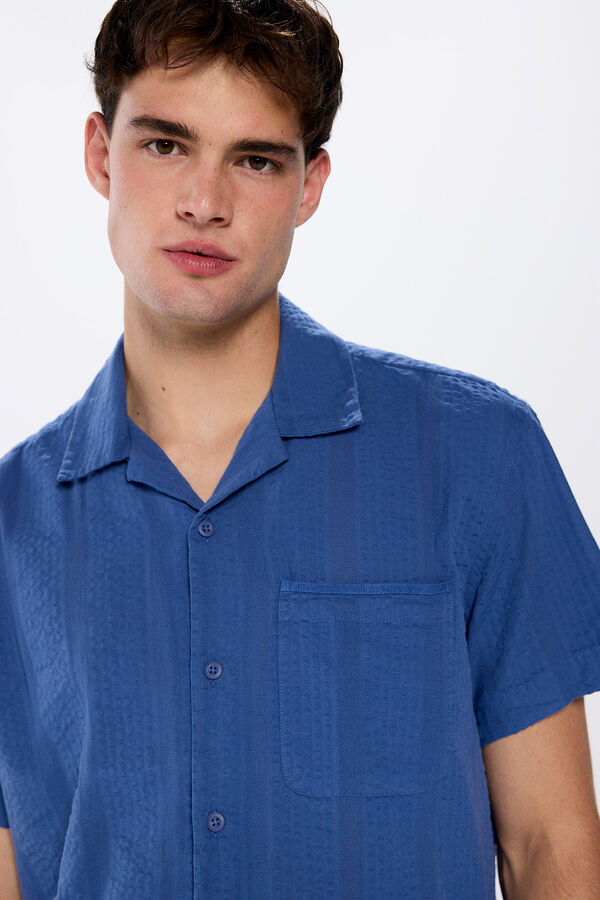 Springfield Camisa de manga curta jacquard leve azul