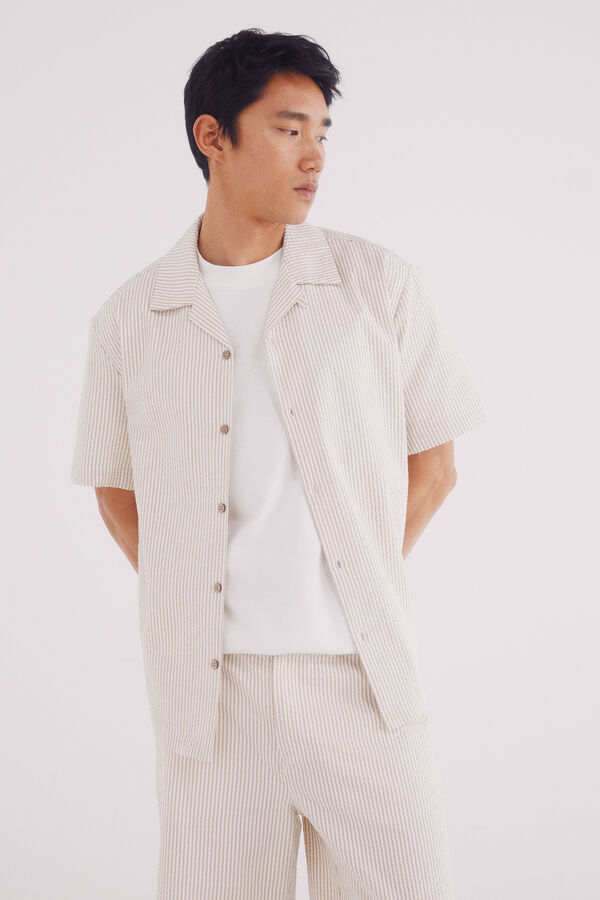 Springfield Camisa de manga manga curta listrada seersucker bege