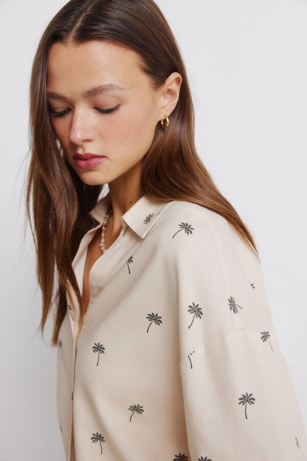 Springfield Camisa de manga curta em linho oversize bege