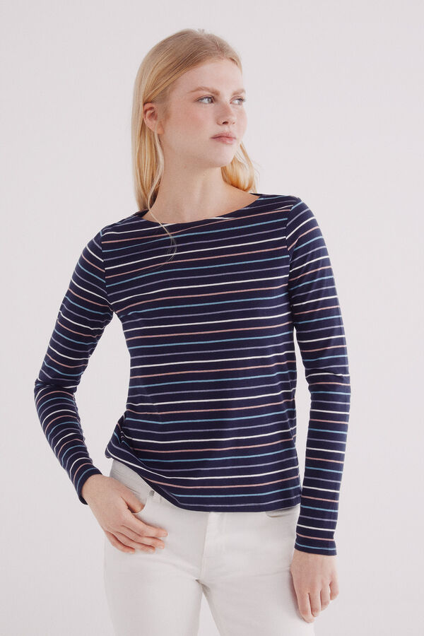 Springfield Camiseta riscas de algod&atilde;o com gola canoa azul