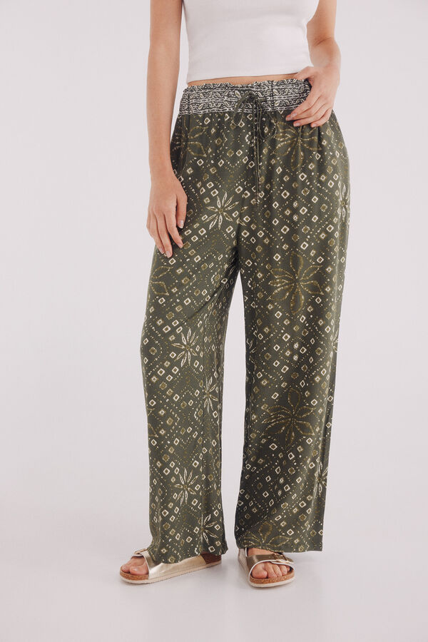 Springfield Cal&ccedil;as flu&iacute;do palazzo estampado bege