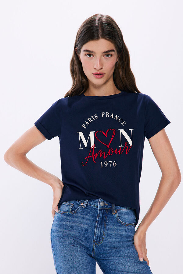 Springfield Camiseta gr&aacute;fica algod&oacute;n manga vuelta azul