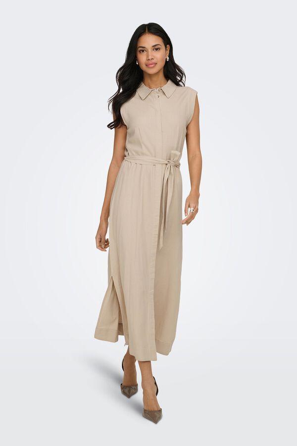 Only Vestido camisero largo de lino beige