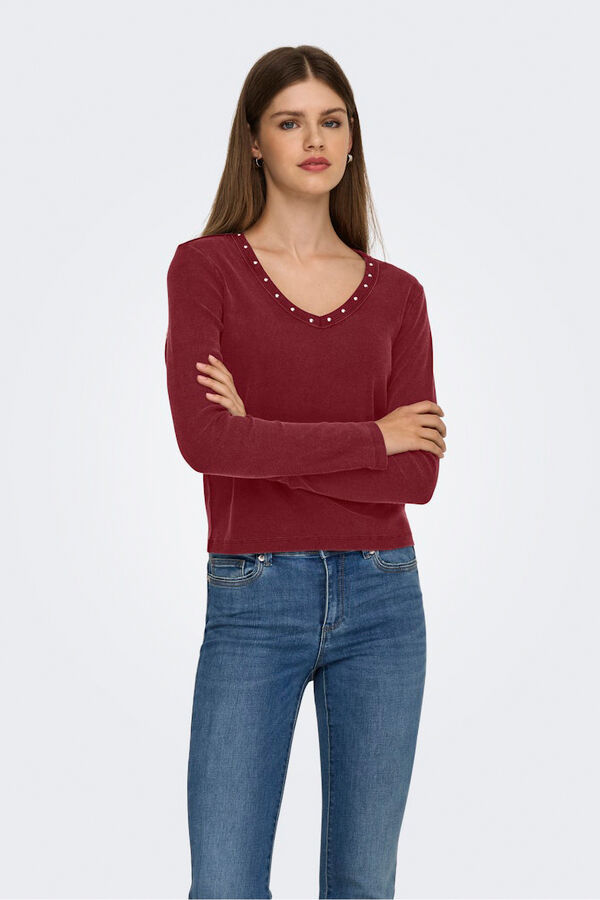 Only Top acanalado detalle tachas rojo