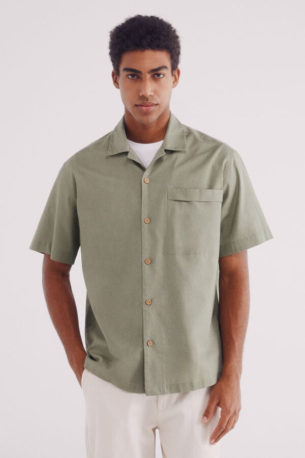 Springfield Camisa de linho manga curta com bolso bege