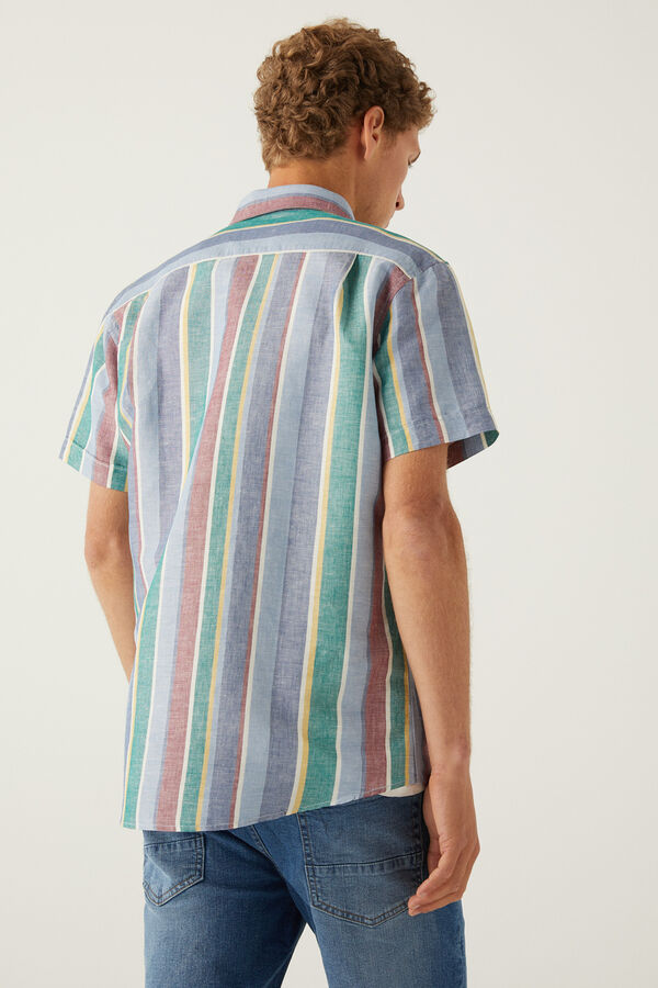 Springfield Camisa manga corta rayas lino azul medio
