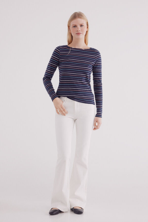 Springfield Camiseta riscas de algod&atilde;o com gola canoa azul