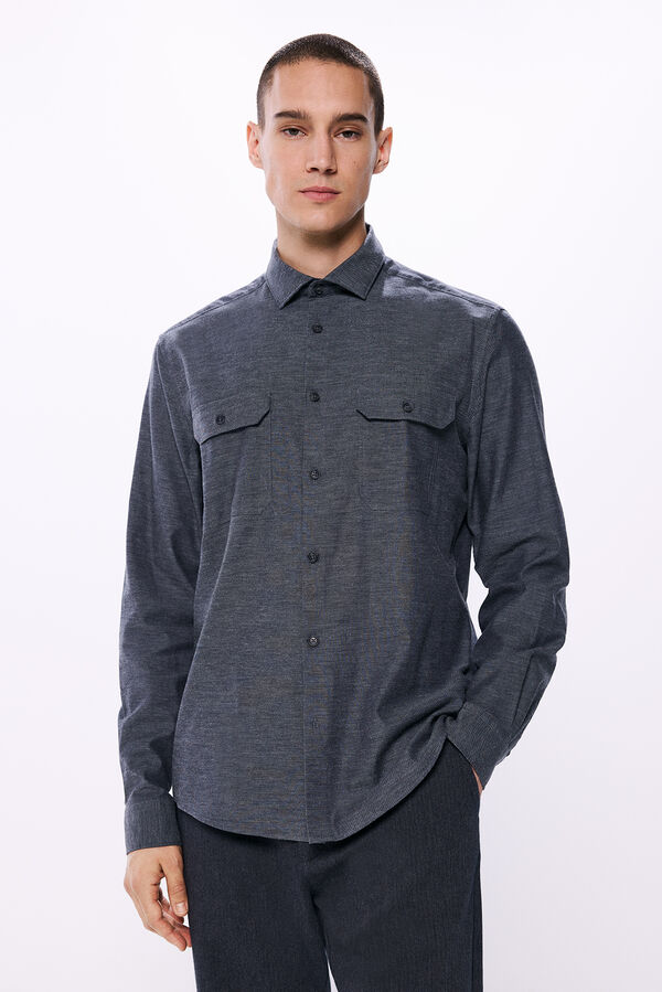 Springfield Camisa de flanela com bolsos no peito cinzento