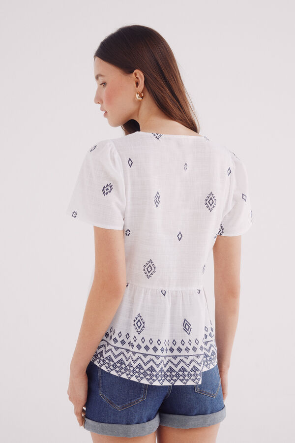 Springfield Blusa com motivos &eacute;tnicos e decote orlado azul