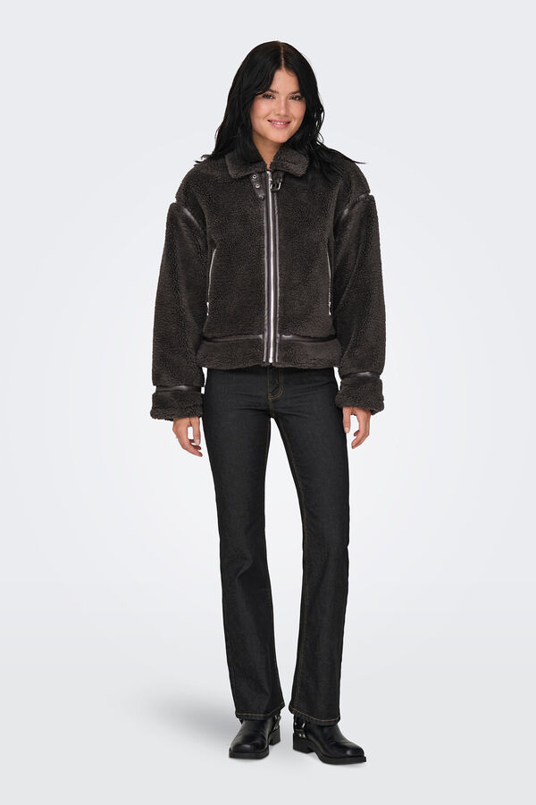 Only Chaqueta biker de pelo marr&oacute;n