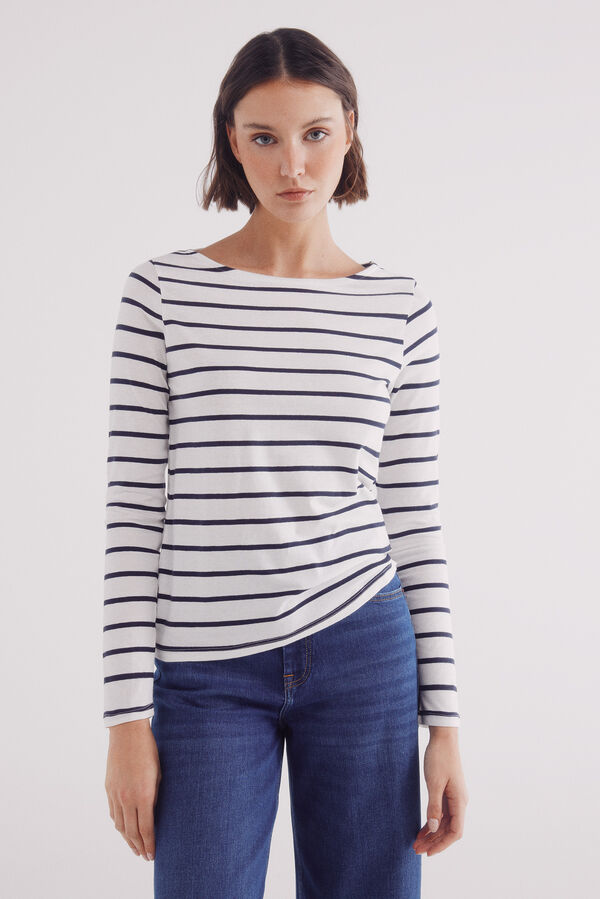 Springfield Camiseta riscas de algod&atilde;o com gola canoa estampado