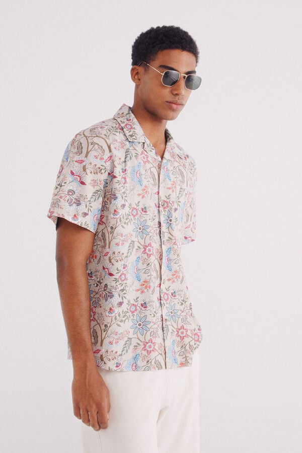 Springfield Camisa de boliche com estampado de flores de manga curta bege