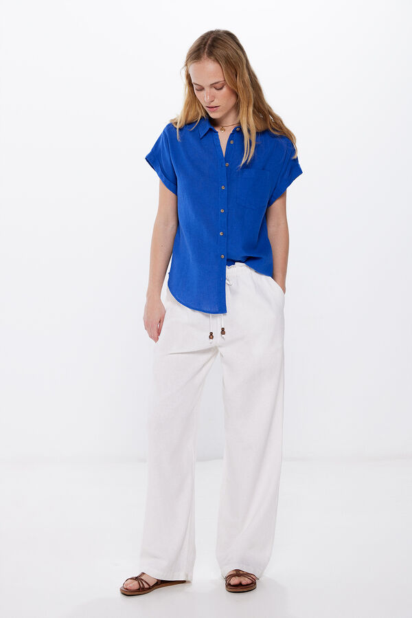 Springfield Camisa Bolsillo M/C con Lino azul