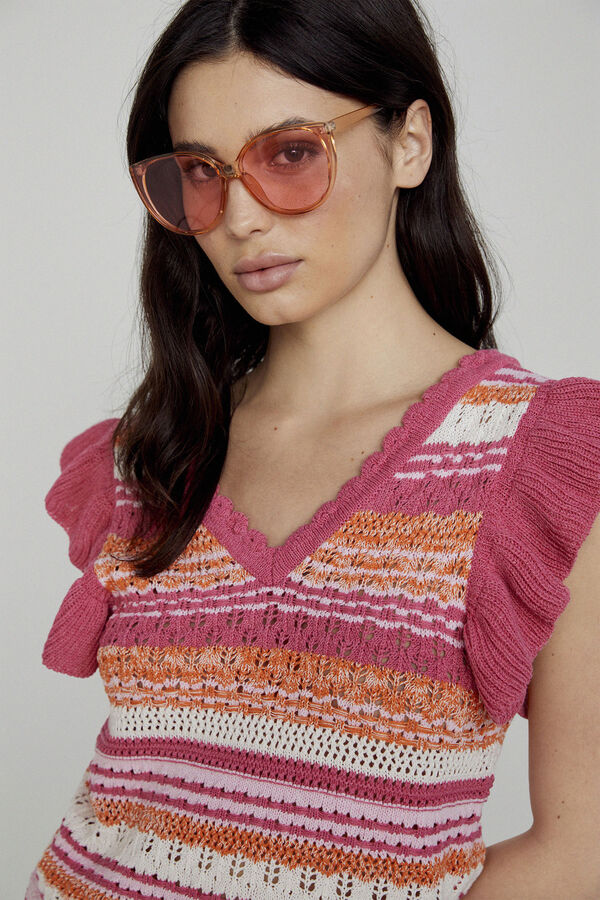 Only Top de malha folhos rosa