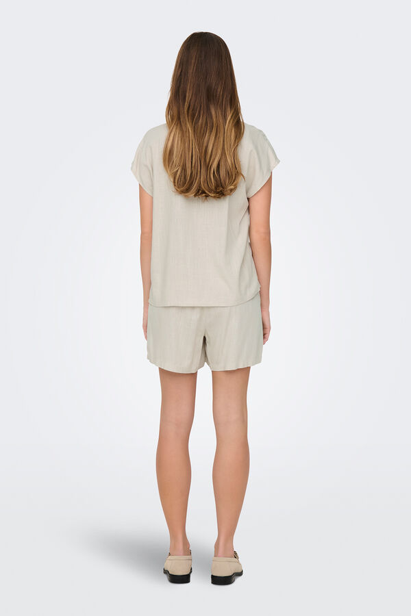 JDY Blusa de linho manga curta bege