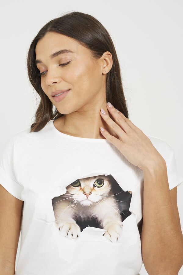 Brave Soul Camiseta de manga manga curta de gato branco