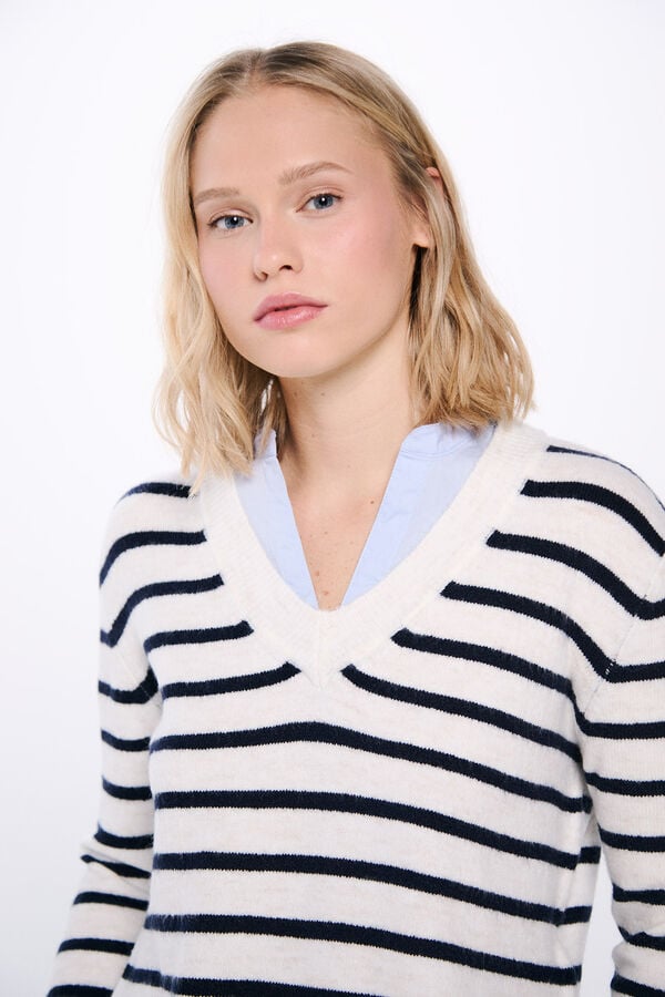 Springfield Su&eacute;ter combinado com decote em bico  branco