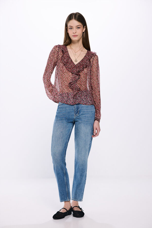 Springfield Blusa estampada volante delantero rosa