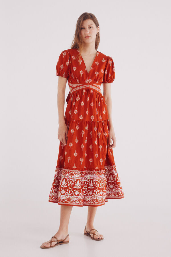 Springfield Vestido midi cut out estampado naranja