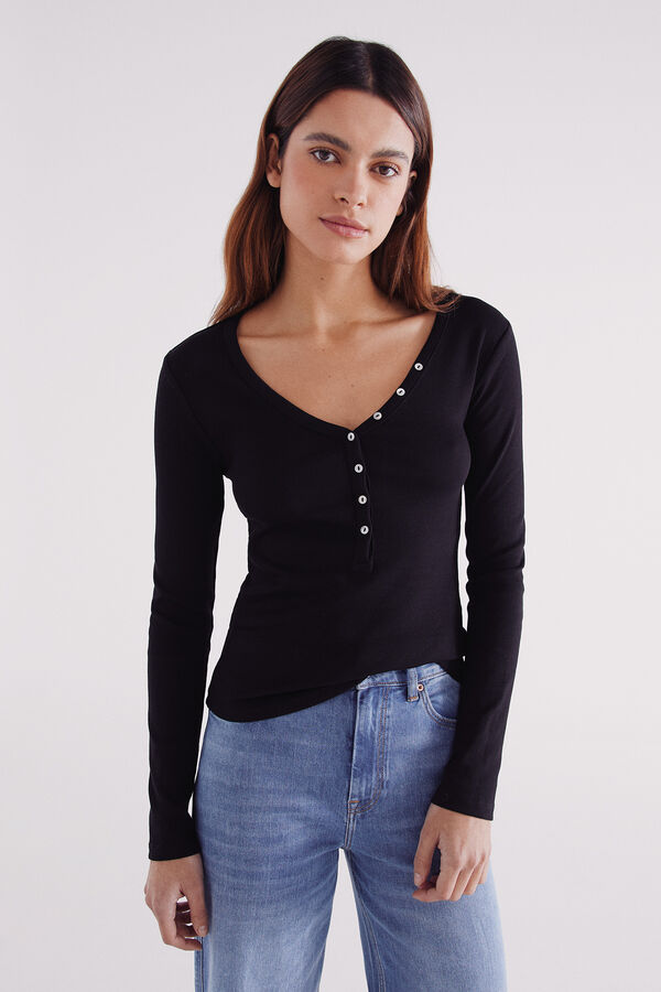 Springfield T-shirt Bakery com decote em bot&otilde;es preto