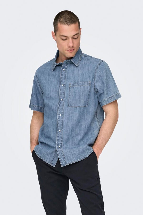 Only & Sons Camisa de hombre estilo chambray de manga corta azul