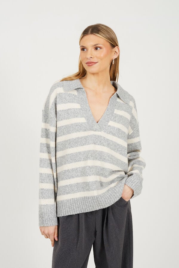 Brave Soul Jersey a rayas con cuello pico gris