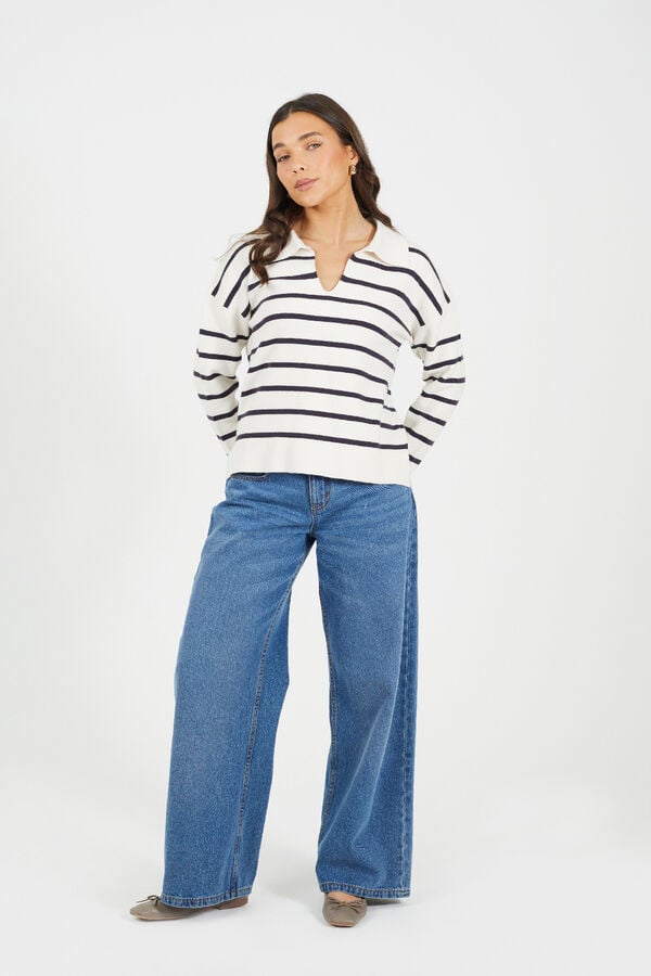 Brave Soul Jersey a rayas con cuello polo marfil