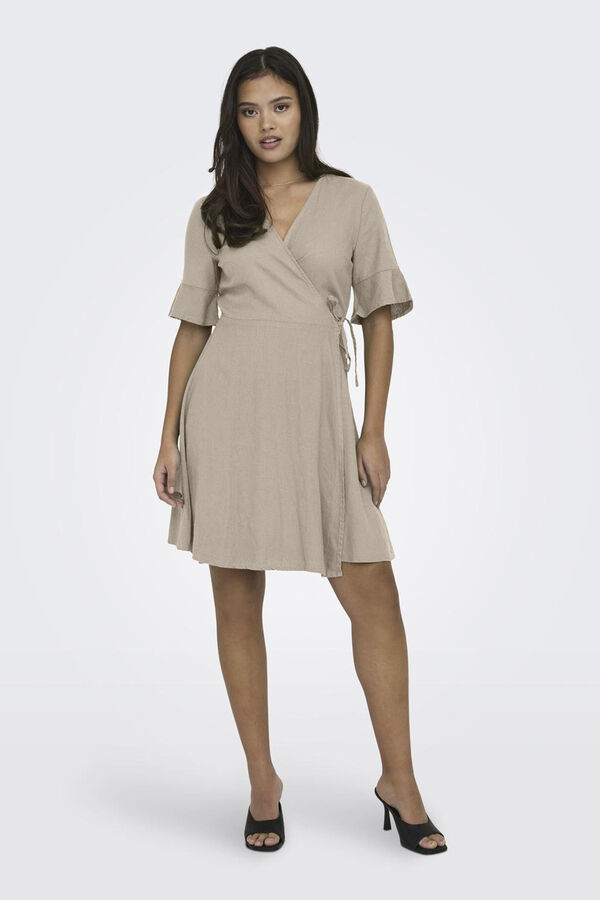 Only Vestido cruzado curto linho cinzento