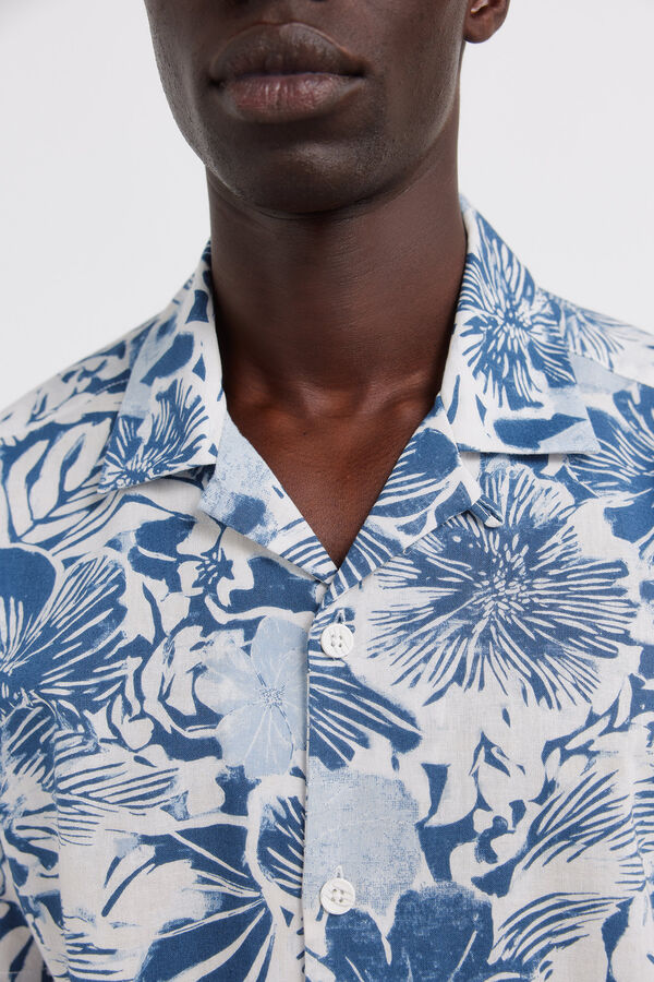 Springfield Camisa de manga curta em linho estampado azul