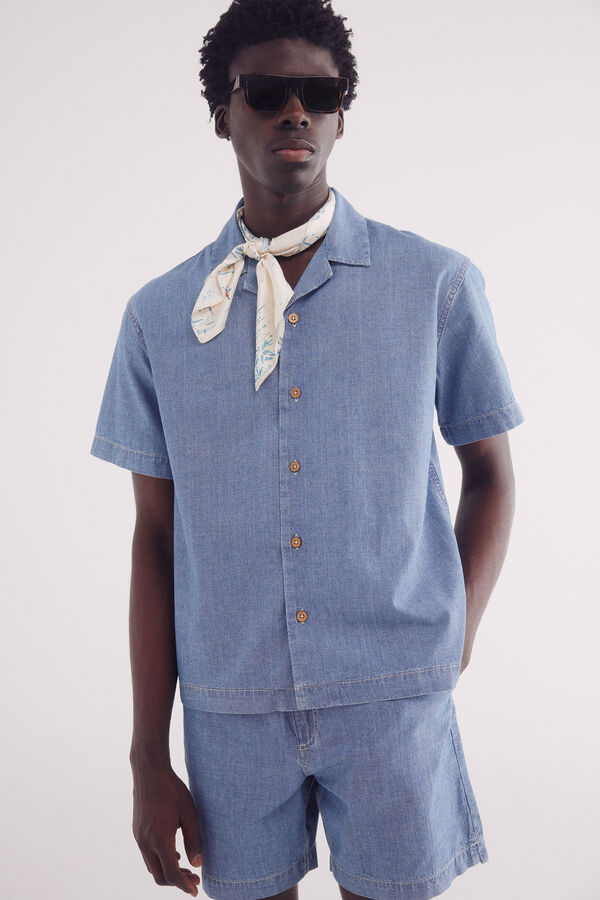 Springfield Camisa de boliche jacquard de manga curta azul