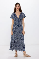 Springfield Vestido Midi Escote Cenefa Estampado azul