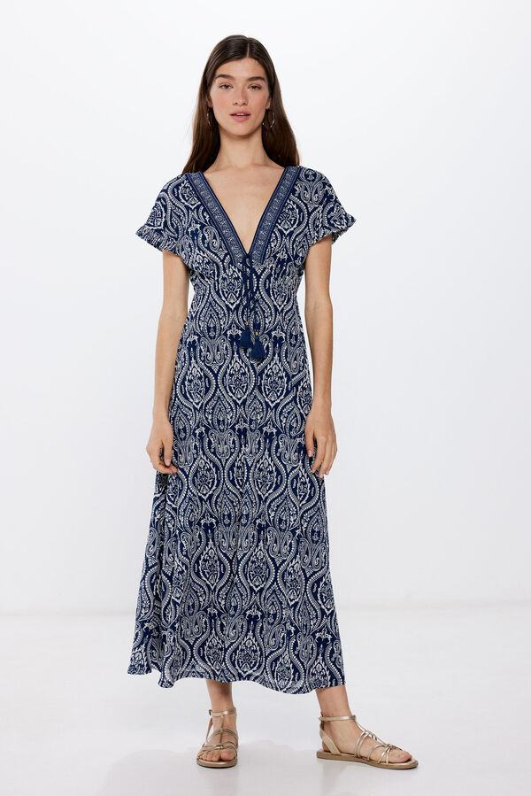 Springfield Vestido Midi Escote Cenefa Estampado azul