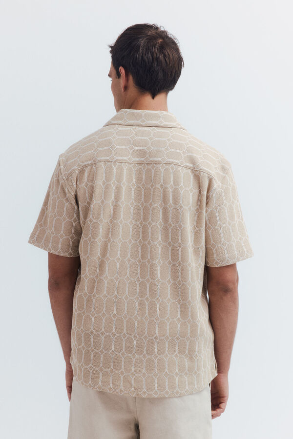 Springfield Camisa de boliche de malha manga curta em malha estampada bege