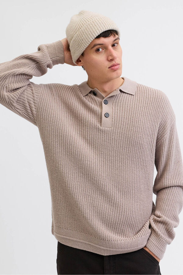 Jack & Jones Polo de malha com gola abotoada cinzento