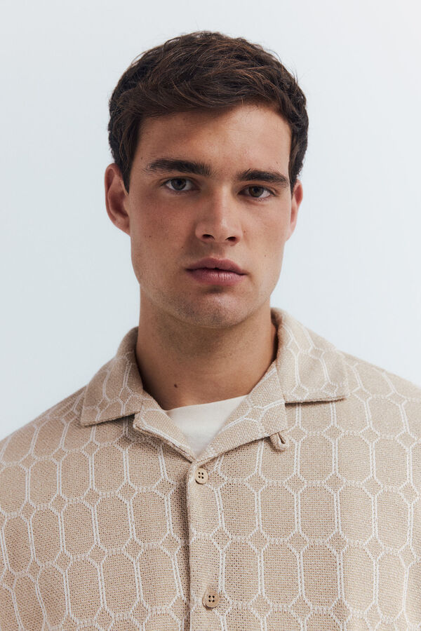 Springfield Camisa de boliche de malha manga curta em malha estampada bege