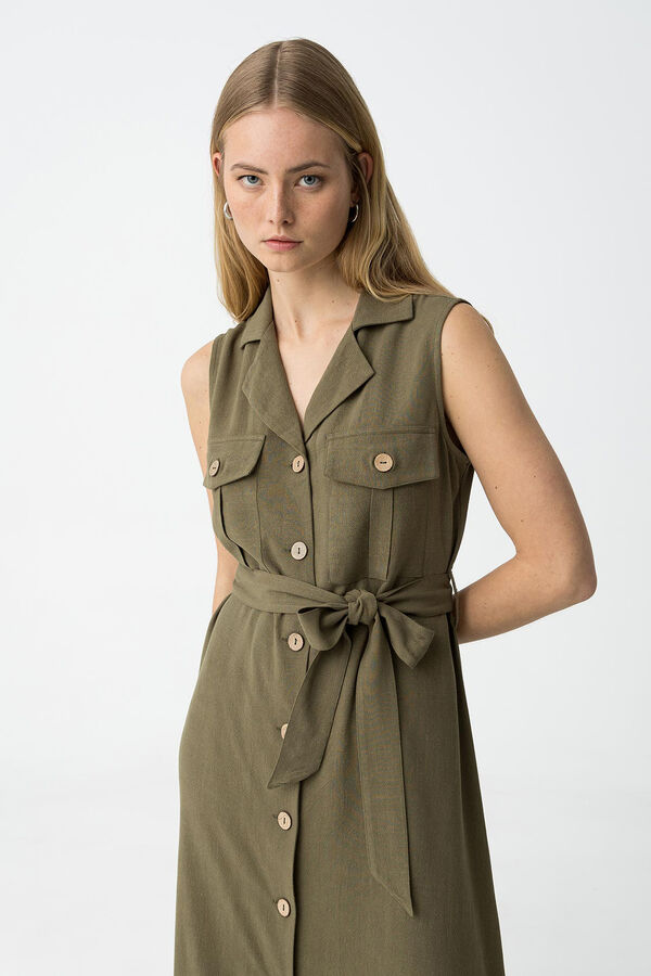 Tiffosi Vestido camisero de lino con cintur&oacute;n verde