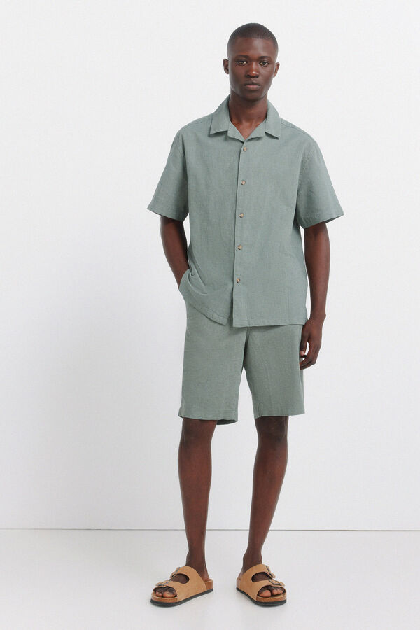 Springfield Camisa de manga curta bowling em linho verde