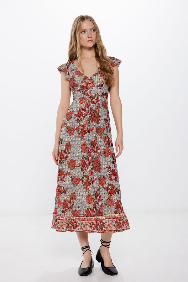 Springfield Vestido midi botones estampado beige